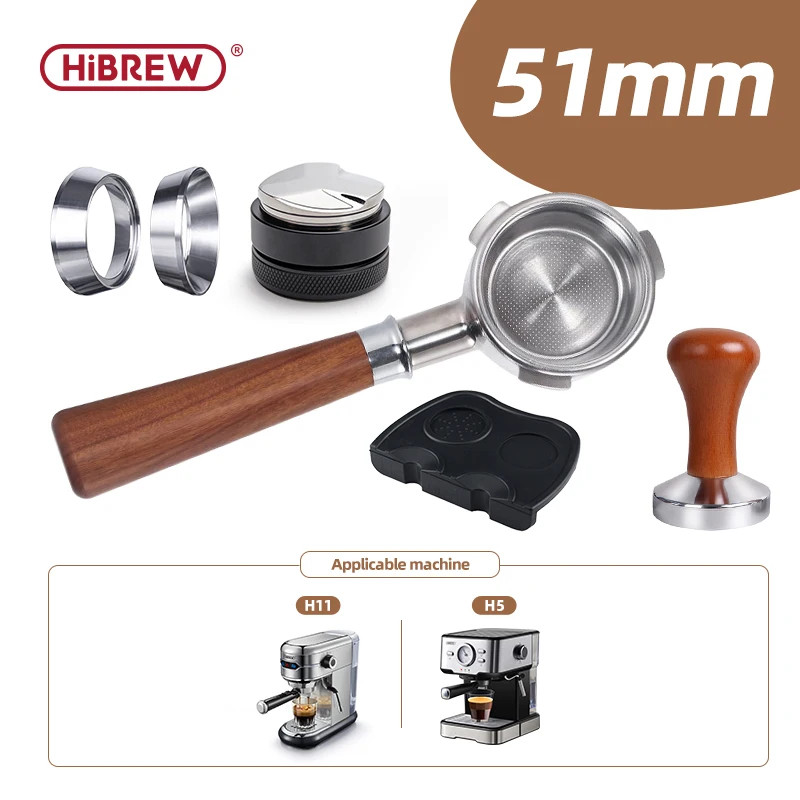 HIBREW 51mm Handle: Stainless Steel & Wood Espresso Brewing